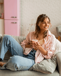 A woman relaxing on a couch with coffee, embracing open and honest conversations on the EM Chats podcast